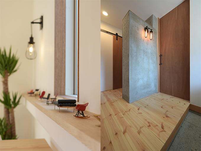 Project『有限会社小林設計所　弟ノ下事務所』打ち合わせ室（デザインチェアの模型たち）と玄関（モルタルとラワンの造作ドア）と