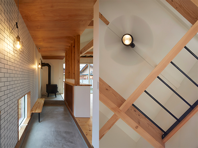 Project『有限会社小林設計所　弟ノ下事務所』打ち合わせ室（デザインチェアの模型たち）と玄関（モルタルとラワンの造作ドア）と